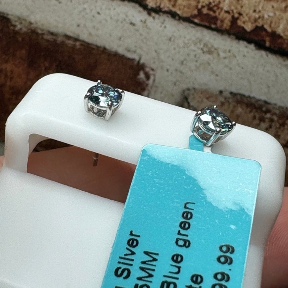 Dusty Blue Moissanite Stud Earrings 0.88 CT (5.0mm) 925 Sterling Silver NEW - Picture 2 of 3